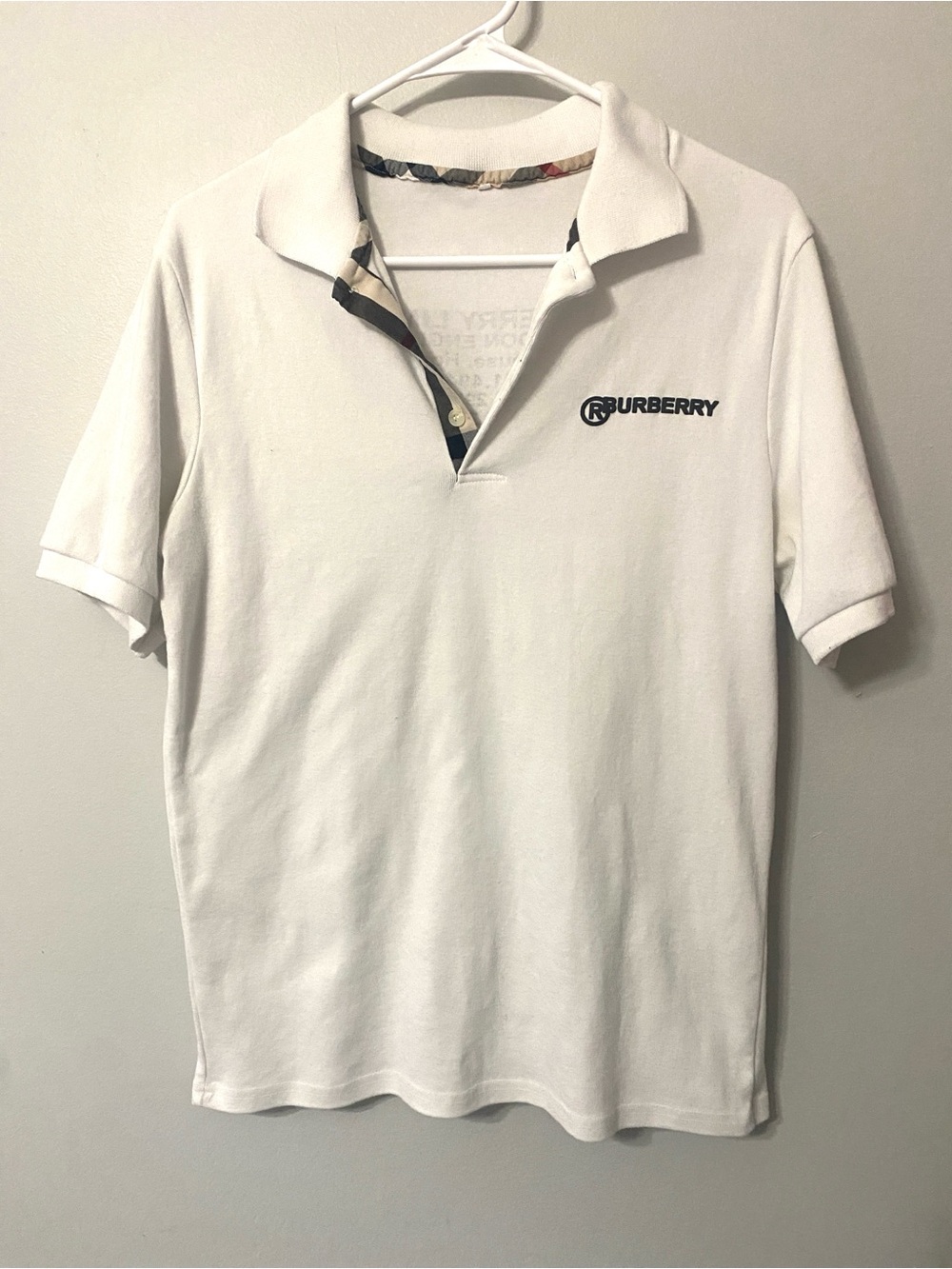 Burberry White Short-Sleeve Polo with Check Trim Woman’s Large or Men’s Medium